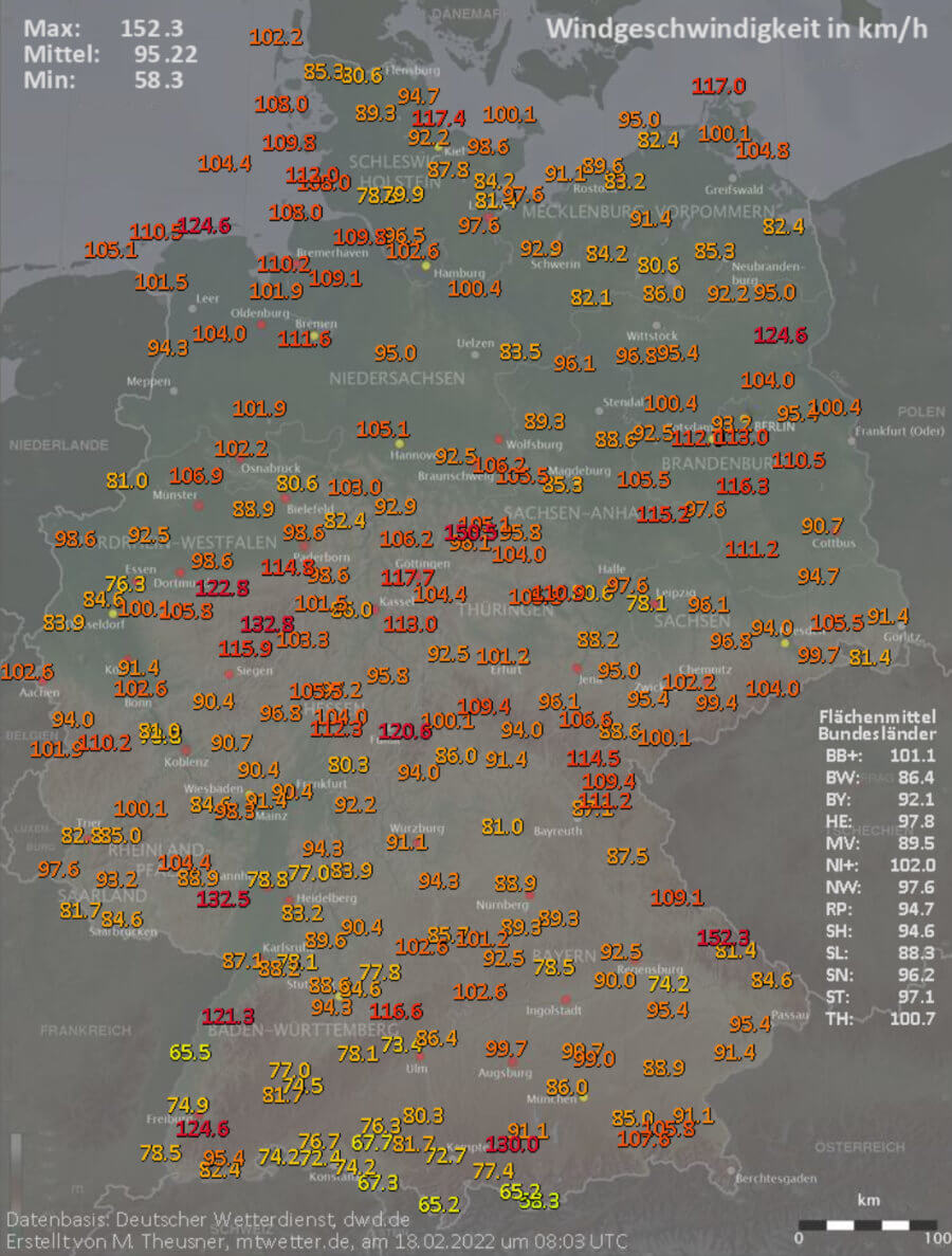 Spitzenwindgeschwindigkeiten Sturm 17. Februar 2022 Spitzenwindgeschwindigkeiten Sturm 17. Februar 2022