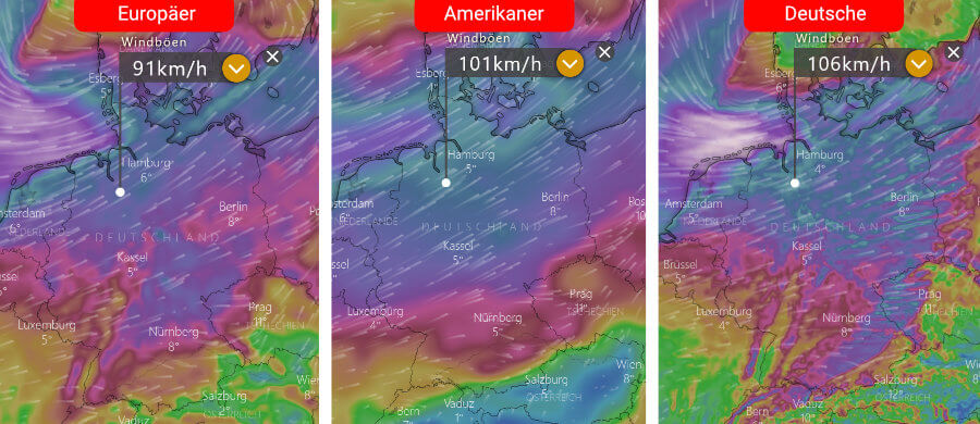 Die Windprognose der Maximalböen Freitag, 18. Februar 22:00 Uhr. Links die Europäer, in der Mitte die Amerikaner und rechts die des deutschen Vorhersage-Modells Die Windprognose der Maximalböen Freitag, 18. Februar 22:00 Uhr. Links die Europäer, in der Mitte die Amerikaner und rechts die des deutschen Vorhersage-Modells