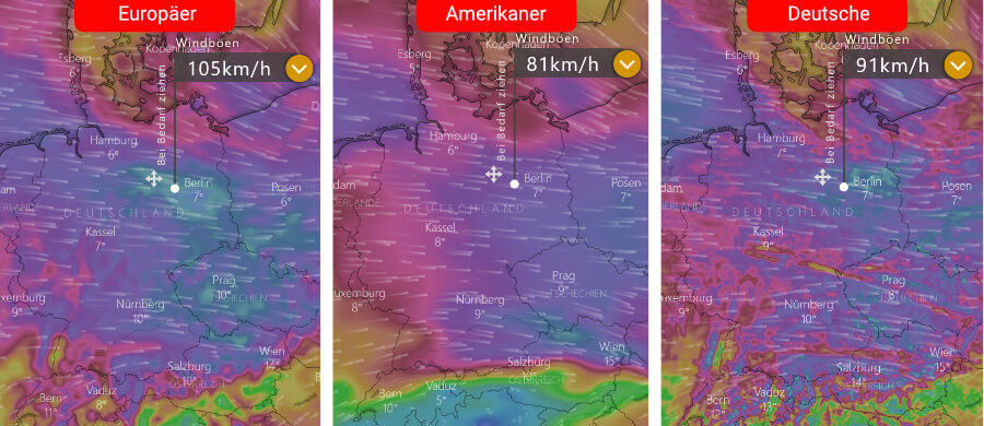 Die Windprognose Donnerstag, 17. Februar 14:00 Uhr: Links die Europäer, in der Mitte die Amerikaner und rechts die des deutschen Vorhersage-Modells Die Windprognose Donnerstag, 17. Februar 14:00 Uhr: Links die Europäer, in der Mitte die Amerikaner und rechts die des deutschen Vorhersage-Modells