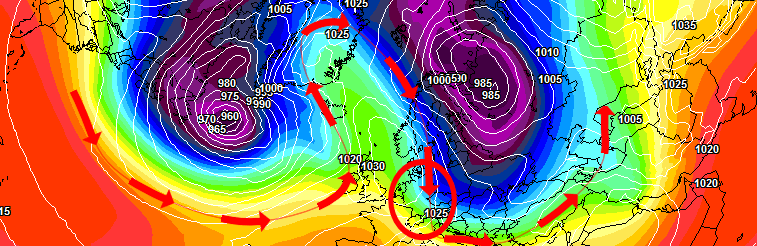 Das Hoch hat eine entscheiden andere Position eingenommen, was winterliche Wetterverhältnisse ermöglichen kann