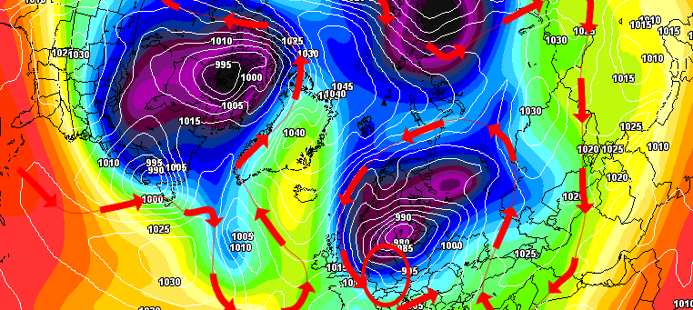 Das Hoch weicht nach Westen aus und keilt nach Norden in den Polarwirbel ein. Winterliche Wetterverhältnisse über Mitteleuropa wären in diesem Fall nicht auszuschließen