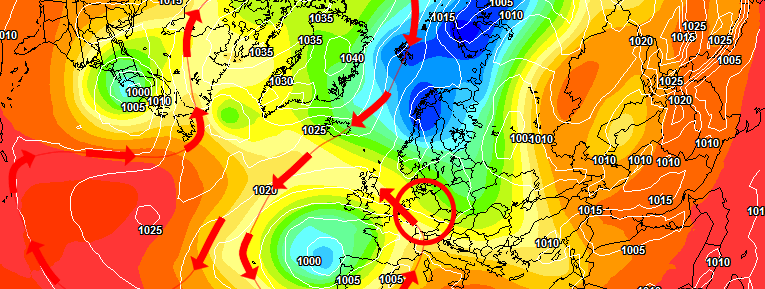 Gestörte Zirkulation! Ob warm oder kalt hängt im Detail von dem Tiefdrucksystem westlich von Europa ab
