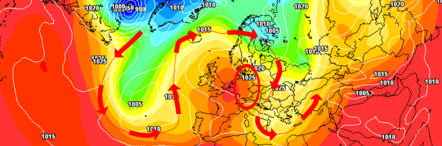 Die warme Seite der meridionalen Großwetterlage - Im Ansatz ist eine Omegastruktur zu erkennen