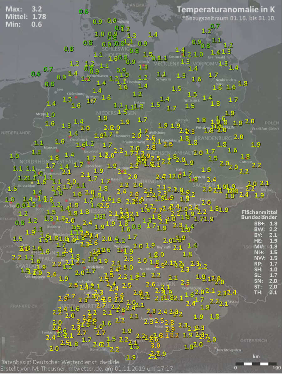 Das Wetter im Oktober 2019 war deutlich zu warm Das Wetter im Oktober 2019 war deutlich zu warm