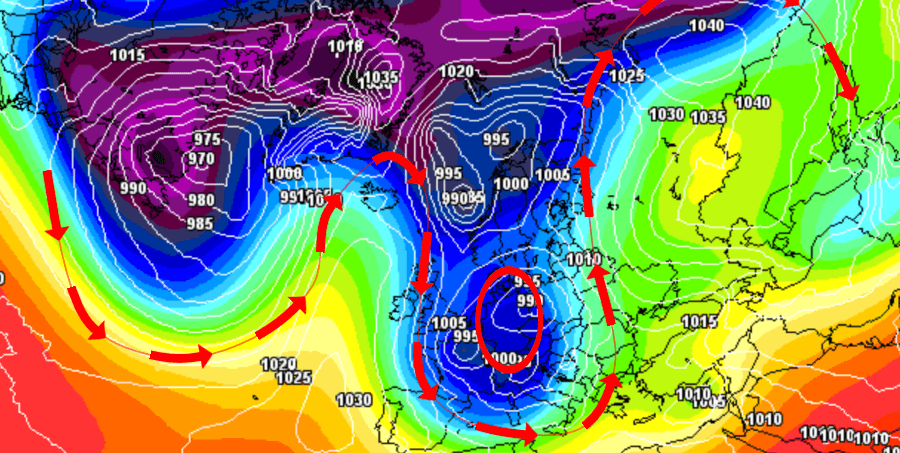 Hohe Wellenbewegung entlang der Polarfront mit winterlichen Wettereignissen über Mitteleuropa Hohe Wellenbewegung entlang der Polarfront mit winterlichen Wettereignissen über Mitteleuropa