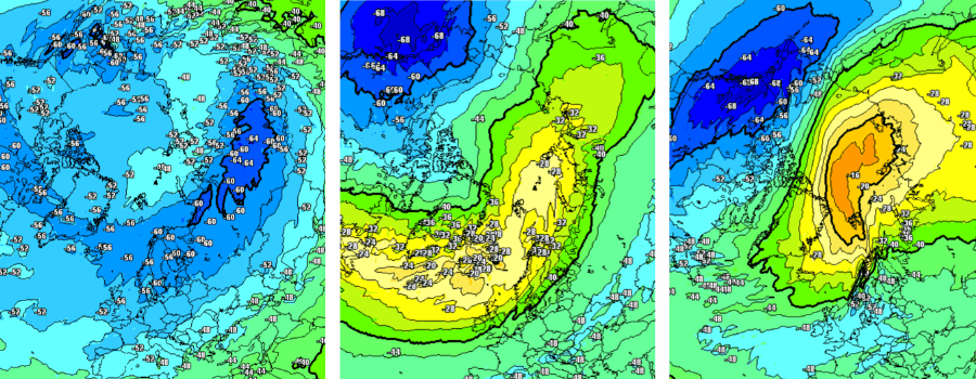 Stabiler Stratosphärenwirbel (li.), Major-Warming (mi.), Final-Warming (re.) Stabiler Stratosphärenwirbel (li.), Major-Warming (mi.), Final-Warming (re.)