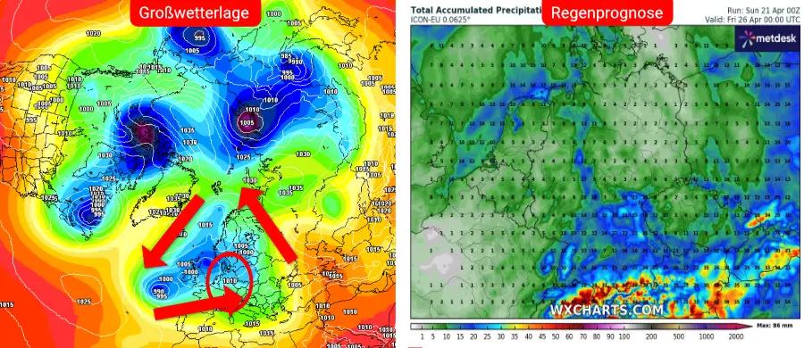 Die Großwetterlage und Niederschlagsprognose des deutschen Vorhersage-Modells