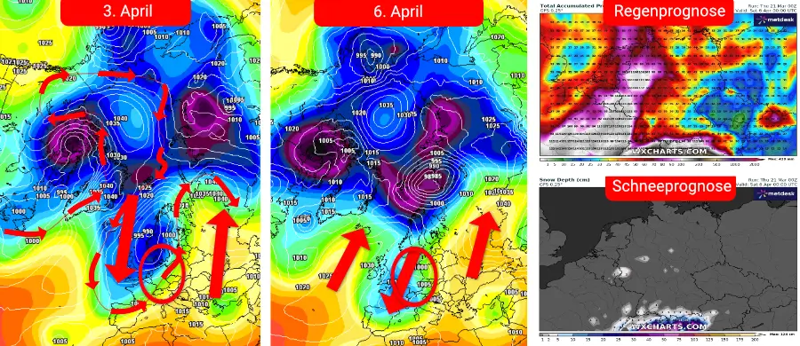 Ein stark meridional verlaufendes Strömungsmuster, bei der launisches und teils chaotisches Aprilwetter möglich ist Ein stark meridional verlaufendes Strömungsmuster, bei der launisches und teils chaotisches Aprilwetter möglich ist