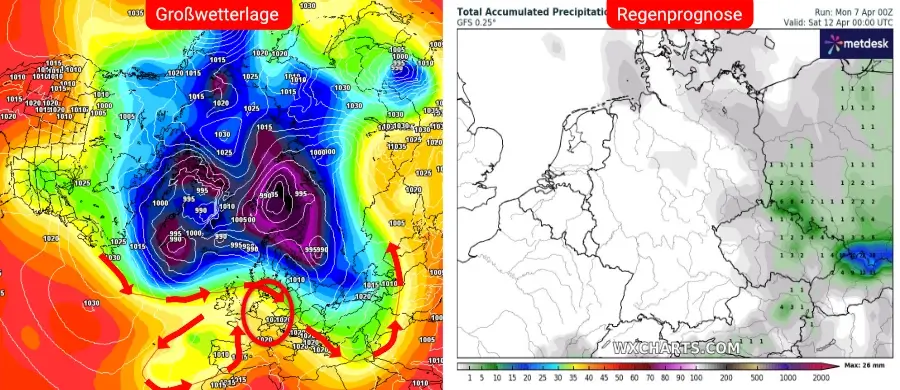 Ein Hoch schiebt sich von Westen nach Deutschland rein und lässt die Temperaturen im Verlauf der Woche wieder kräftig ansteigen Ein Hoch schiebt sich von Westen nach Deutschland rein und lässt die Temperaturen im Verlauf der Woche wieder kräftig ansteigen