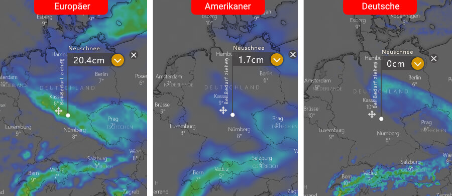 Links die Schneeprognose der Europäer, in der Mitte die der Amerikaner und rechts daneben die Deutsche: Schneefall mit Ausbildung einer Schneedecke, ist entlang der Luftmassengrenze möglich