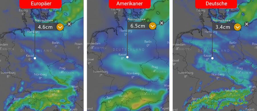 Links die Schneeprognose der Europäer, in der Mitte die der Amerikaner und rechts daneben die Deutsche: Wo mit der Ausbildung einer Schneedecke gerechnet werden kann