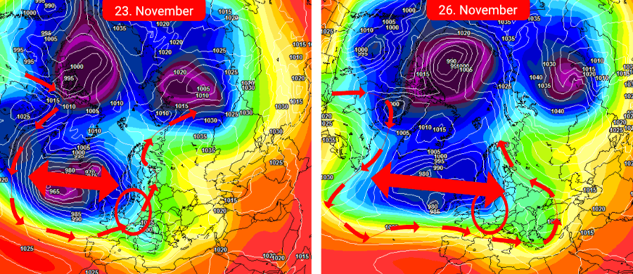 Die atlantische Frontalzone drückt mächtig gegen das Hoch und setzt sich im Verlauf der letzten November-Dekade mit einer beginnenden Zonalisierung über Deutschland durch