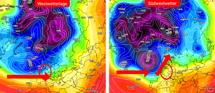 Links die Zonalisierung, rechts die Südwestwetterlage - beide Varianten sind in der Gunst der Prognose-Modelle gesunken Links die Zonalisierung, rechts die Südwestwetterlage - beide Varianten sind in der Gunst der Prognose-Modelle gesunken