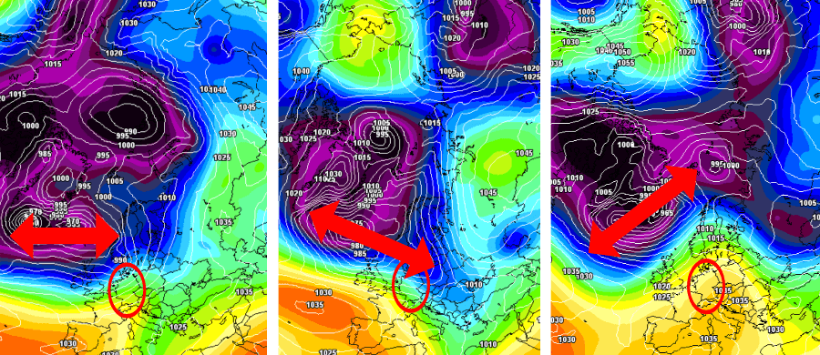Von links nach rechts: die West-, die Nordwest- und die Südwestwetterlage Von links nach rechts: die West-, die Nordwest- und die Südwestwetterlage
