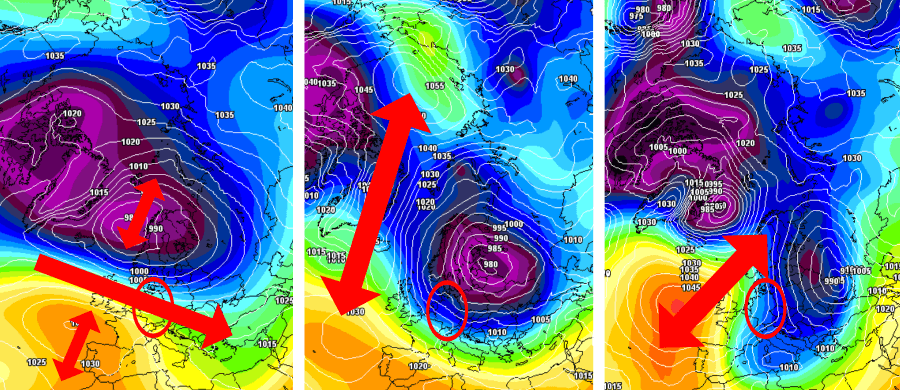 Links der Mittelwert aller Kontrollläufe, der die windige und nasskalte Nordwestwetterlage favorisiert. Rechts daneben die winterlichen Varianten und man sieht deutlich, wie gravierend sich die Bedingungen Anfang Februar für den Winter ändern müssten Links der Mittelwert aller Kontrollläufe, der die windige und nasskalte Nordwestwetterlage favorisiert. Rechts daneben die winterlichen Varianten und man sieht deutlich, wie gravierend sich die Bedingungen Anfang Februar für den Winter ändern müssten
