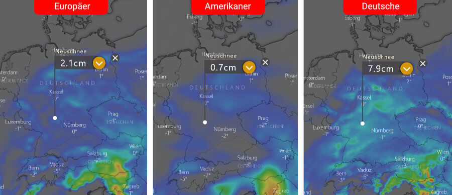 Die Schneeprognose bis einschließlich Freitag - weiterhin keine Einigkeit in der Niederschlagsmenge