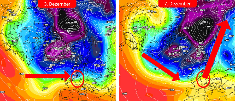 Links die atlantische Frontalzone in Bestform, rechts ein Displacement des Polarwirbels mit einer südwestlichen Grundströmung über Deutschland