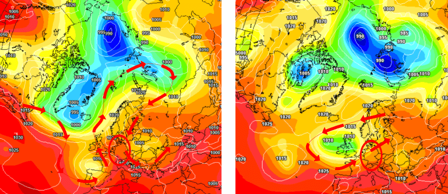 Die Omegawetterlage nur im Ansatz (li.), das dominierende Tief über Europa (re.) Die Omegawetterlage nur im Ansatz (li.), das dominierende Tief über Europa (re.)