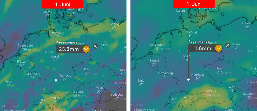 Links die Regenprognose der Europäer und rechts die der Amerikaner: Die Niederschlagssignale nehmen im Verlauf der letzten Mai-Dekade zu - stabiles Sommerwetter ist nicht zu erwarten Links die Regenprognose der Europäer und rechts die der Amerikaner: Die Niederschlagssignale nehmen im Verlauf der letzten Mai-Dekade zu - stabiles Sommerwetter ist nicht zu erwarten