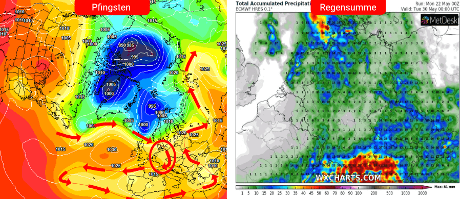 Uneinheitliche Großwetterlage an Pfingsten - Der Hauptniederschlag ist für Montag und Dienstag zu erwarten