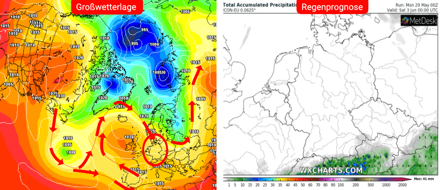 Links die Prognose des deutschen Wettermodells, rechts die Niederschlagsprognose bis einschließlich dem 3. Juni: Ein sommerlicher Wettercharakter über Deutschland