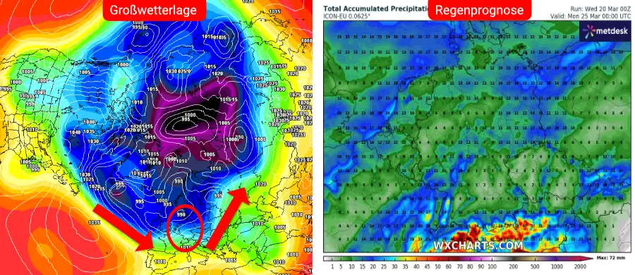 Die Großwetterlage und Niederschlagsprognose des deutschen Vorhersage-Modells