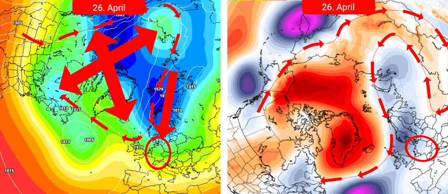 Links der Mittelwert aller Kontrollläufe, rechts die Druckanomalien - Der Polarwirbel in Not - eine mächtige Hochdruckzone dehnt sich aus Links der Mittelwert aller Kontrollläufe, rechts die Druckanomalien - Der Polarwirbel in Not - eine mächtige Hochdruckzone dehnt sich aus