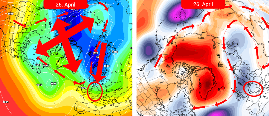 Links der Mittelwert aller Kontrollläufe, rechts die Druckanomalien - Der Polarwirbel in Not - eine mächtige Hochdruckzone dehnt sich aus