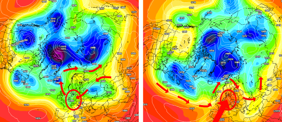 Die gestörte Zirkulation links und die Omegawetterlage rechts Die gestörte Zirkulation links und die Omegawetterlage rechts