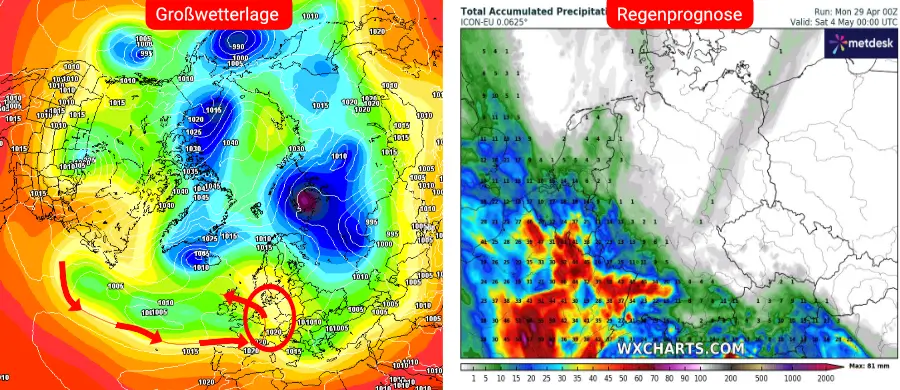 Die Großwetterlage und Niederschlagsprognose des deutschen Vorhersage-Modells