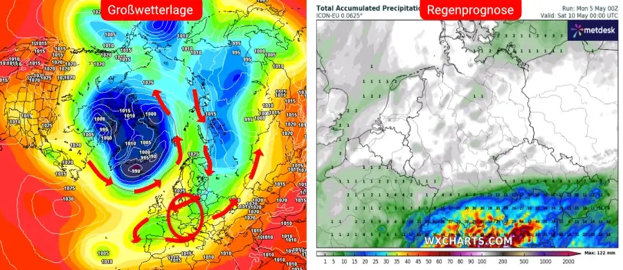 Ein von Störimpulsen geprägtes Wetter mit Regen über dem Süden und Sonnenschein über dem Norden Ein von Störimpulsen geprägtes Wetter mit Regen über dem Süden und Sonnenschein über dem Norden