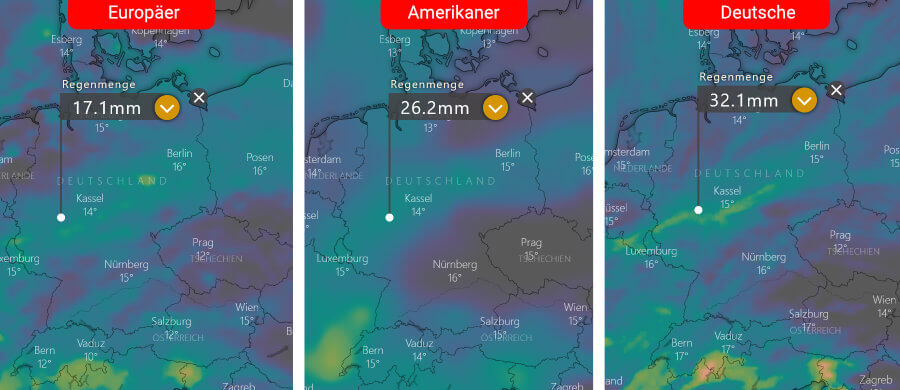 Links die Regenprognose der Europäer, in der Mitte die der Amerikaner und rechts daneben die Deutsche: Zeitweilige Niederschläge überqueren Deutschland Links die Regenprognose der Europäer, in der Mitte die der Amerikaner und rechts daneben die Deutsche: Zeitweilige Niederschläge überqueren Deutschland