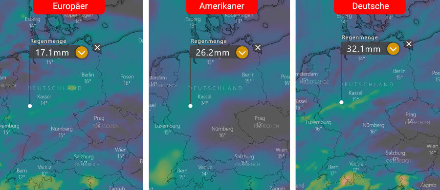 Links die Regenprognose der Europäer, in der Mitte die der Amerikaner und rechts daneben die Deutsche: Zeitweilige Niederschläge überqueren Deutschland