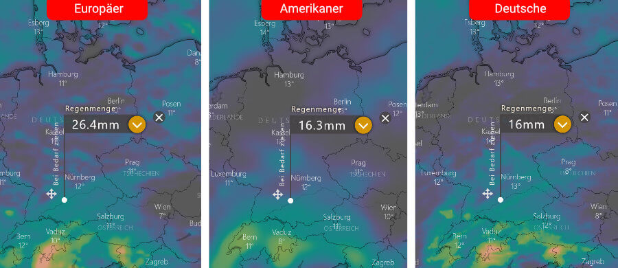 Links die Regenprognose der Europäer, in der Mitte die der Amerikaner und rechts daneben die Deutsche: Ein weitgehend trockener Norden und ein nasser Süden