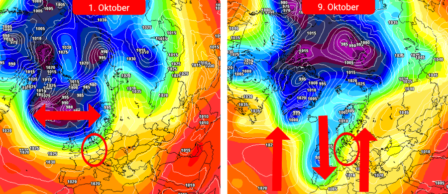 Ungewöhnlich in der Entwicklung, doch gelingt es der atlantische Frontalzone nicht, sich über Skandinavien zu positionieren - das meridionale Strömungsmuster bleibt erhalten