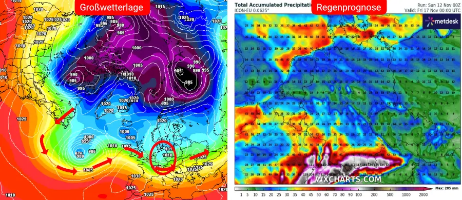 Links die Großwetterlage, rechts die Niederschlagsprognose des deutschen Wettermodells bis zum 17. November - Viel Regen über Deutschland, ansteigende Flusspegel mit Hochwasser und Überflutungen Links die Großwetterlage, rechts die Niederschlagsprognose des deutschen Wettermodells bis zum 17. November - Viel Regen über Deutschland, ansteigende Flusspegel mit Hochwasser und Überflutungen