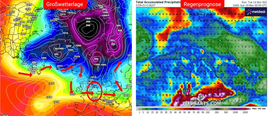 Links die Großwetterlage, rechts die Niederschlagsprognose des deutschen Wettermodells bis zum 19. November - Ein weiteres Sturmtief erreicht Deutschland zum Wochenende Links die Großwetterlage, rechts die Niederschlagsprognose des deutschen Wettermodells bis zum 19. November - Ein weiteres Sturmtief erreicht Deutschland zum Wochenende