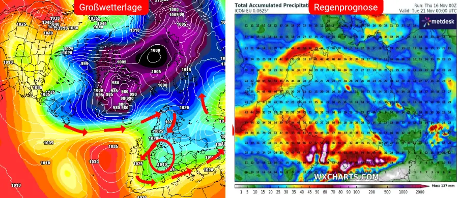 Links die Großwetterlage, rechts die Niederschlagsprognose des deutschen Wettermodells bis zum 21. November - Erneut kräftiger und örtlich länger andauernder Regen Links die Großwetterlage, rechts die Niederschlagsprognose des deutschen Wettermodells bis zum 21. November - Erneut kräftiger und örtlich länger andauernder Regen