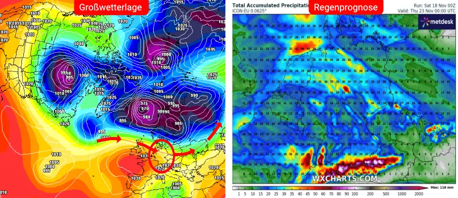 Links die Großwetterlage, rechts die Niederschlagsprognose des deutschen Wettermodells bis zum 23. November - Bis Mitte der Woche noch viel Regen, nachfolgend Wetterberuhigung und ein markanter Temperaturrückgang Links die Großwetterlage, rechts die Niederschlagsprognose des deutschen Wettermodells bis zum 23. November - Bis Mitte der Woche noch viel Regen, nachfolgend Wetterberuhigung und ein markanter Temperaturrückgang