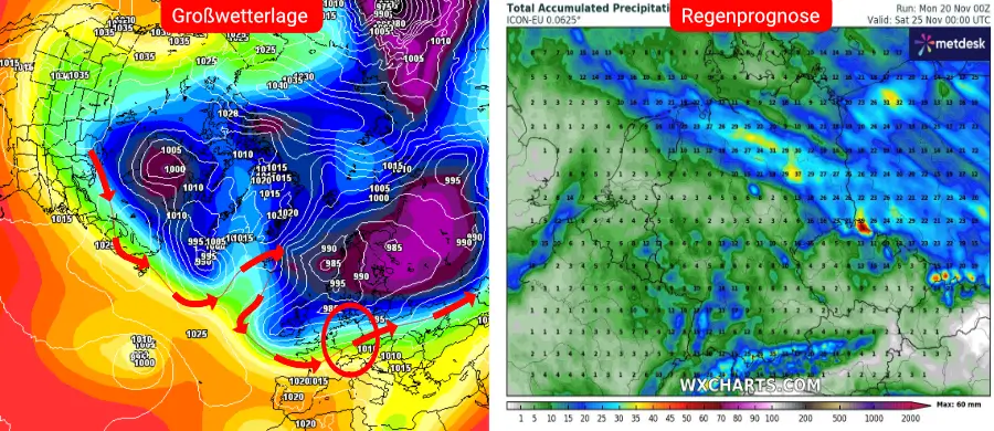 Links die Großwetterlage, rechts die Niederschlagsprognose des deutschen Wettermodells bis zum 25. November - Ein kräftiges Tief über Skandinavien streift Deutschland Links die Großwetterlage, rechts die Niederschlagsprognose des deutschen Wettermodells bis zum 25. November - Ein kräftiges Tief über Skandinavien streift Deutschland