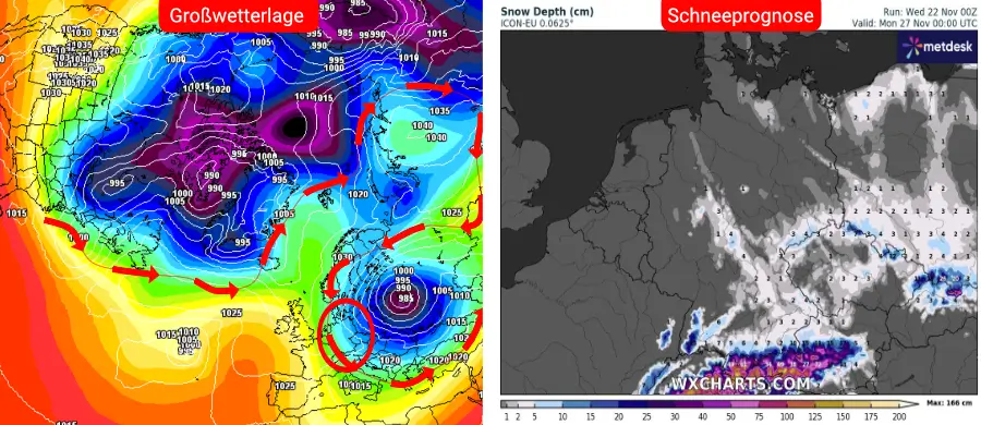 Links die Großwetterlage, rechts die Schneeprognose des deutschen Wettermodells bis zum 27. November - Der Winter macht sich über Deutschland bemerkbar Links die Großwetterlage, rechts die Schneeprognose des deutschen Wettermodells bis zum 27. November - Der Winter macht sich über Deutschland bemerkbar