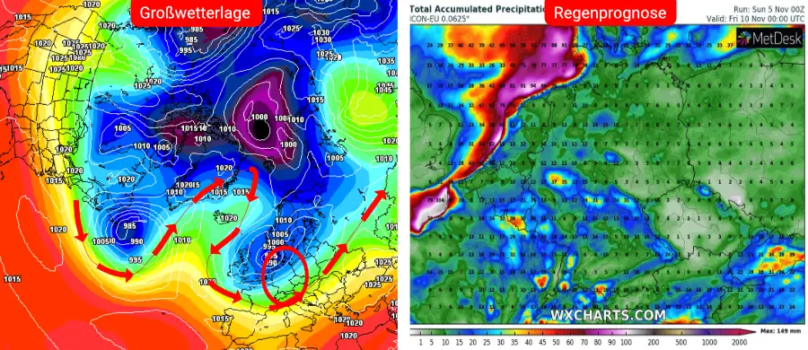 Links die Großwetterlage, rechts die Niederschlagsprognose des deutschen Wettermodells bis zum 10. November - Weiterhin windiges, stürmisches und regnerisches Herbstwetter Links die Großwetterlage, rechts die Niederschlagsprognose des deutschen Wettermodells bis zum 10. November - Weiterhin windiges, stürmisches und regnerisches Herbstwetter