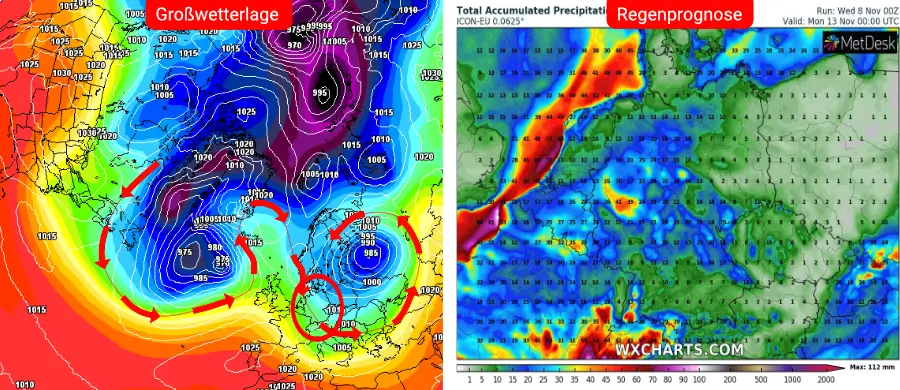Links die Großwetterlage, rechts die Niederschlagsprognose des deutschen Wettermodells bis zum 13. November - Unbeständiges Herbstwetter mit absinkender Schneefallgrenze Links die Großwetterlage, rechts die Niederschlagsprognose des deutschen Wettermodells bis zum 13. November - Unbeständiges Herbstwetter mit absinkender Schneefallgrenze