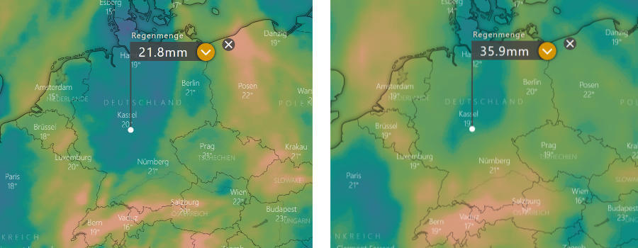 Die Niederschlagsprognosen sind mit einem hohen Maß an Skepsis zu bewerten - im Detail kommt es auf die Trogentwicklung an (re. Europäer; li. Amerikaner) Die Niederschlagsprognosen sind mit einem hohen Maß an Skepsis zu bewerten - im Detail kommt es auf die Trogentwicklung an (re. Europäer; li. Amerikaner)