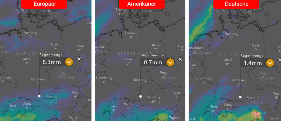 Links die Regenprognose der Europäer, in der Mitte die der Amerikaner und rechts daneben die Deutsche: Über dem Südwesten kann ab dem Wochenende mit nennenswertem Niederschlag gerechnet werden, sonst bleibt es weitgehend trocken Links die Regenprognose der Amerikaner und rechts daneben die Deutsche: Über dem Südwesten kann ab dem Wochenende mit nennenswertem Niederschlag gerechnet werden, sonst bleibt es weitgehend trocken