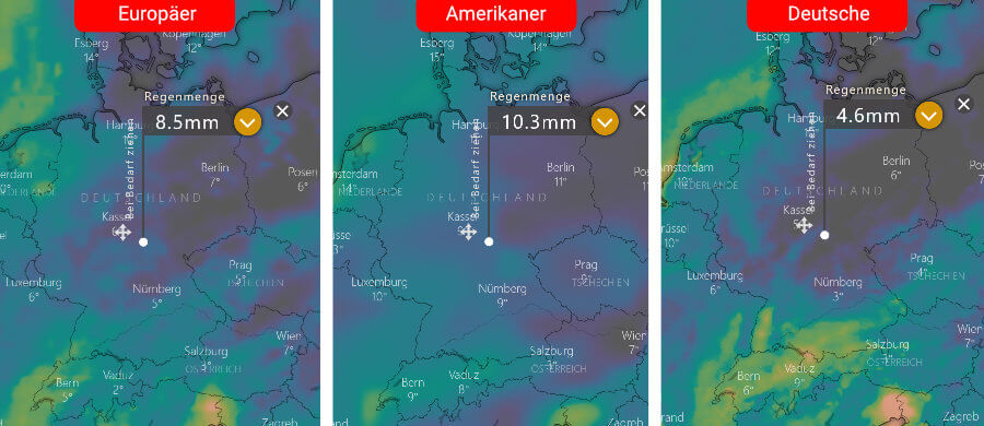 Links die Regenprognose der Europäer, in der Mitte die der Amerikaner und rechts daneben die Deutsche: Nennenswerter Niederschlag über dem Süden und Nordwesten, während es über dem Osten auch trocken bleiben kann Links die Regenprognose der Amerikaner und rechts daneben die Deutsche: Nennenswerter Niederschlag über dem Süden und Nordwesten, während es über dem Osten auch trocken bleiben kann