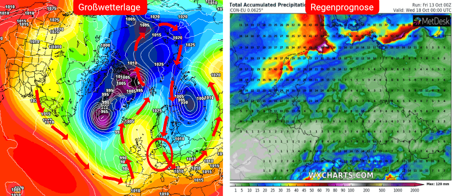 Links die Prognose des deutschen Wettermodells, rechts die Niederschlagsprognose bis einschließlich dem 18. Oktober Links die Prognose des deutschen Wettermodells, rechts die Niederschlagsprognose bis einschließlich dem 18. Oktober
