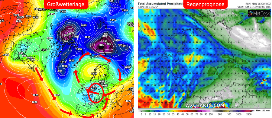 Links die Prognose des deutschen Wettermodells, rechts die Niederschlagsprognose bis einschließlich dem 21. Oktober Links die Prognose des deutschen Wettermodells, rechts die Niederschlagsprognose bis einschließlich dem 21. Oktober