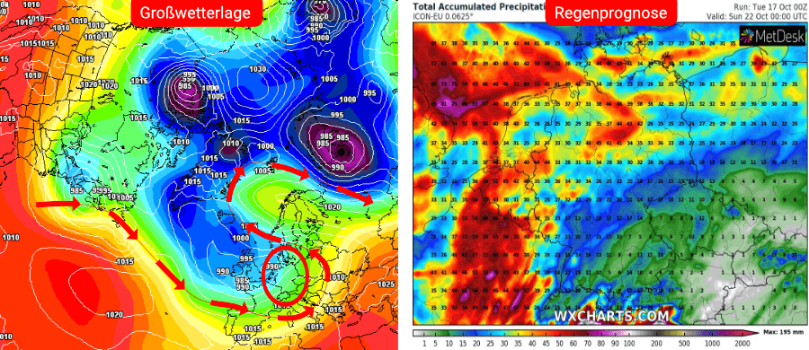 Links die Prognose des deutschen Wettermodells, rechts die Regenprognose bis einschließlich dem 22. Oktober Links die Prognose des deutschen Wettermodells, rechts die Regenprognose bis einschließlich dem 22. Oktober