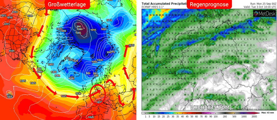 Links die Prognose des europäischen Wettermodells, rechts die Niederschlagsprognose bis einschließlich dem 3. Oktober Links die Prognose des europäischen Wettermodells, rechts die Niederschlagsprognose bis einschließlich dem 3. Oktober